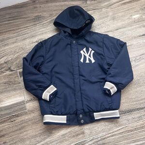 New York Yankees JH Design Two Tone Reversible Denim Fleece Hooded Jacket SMALL